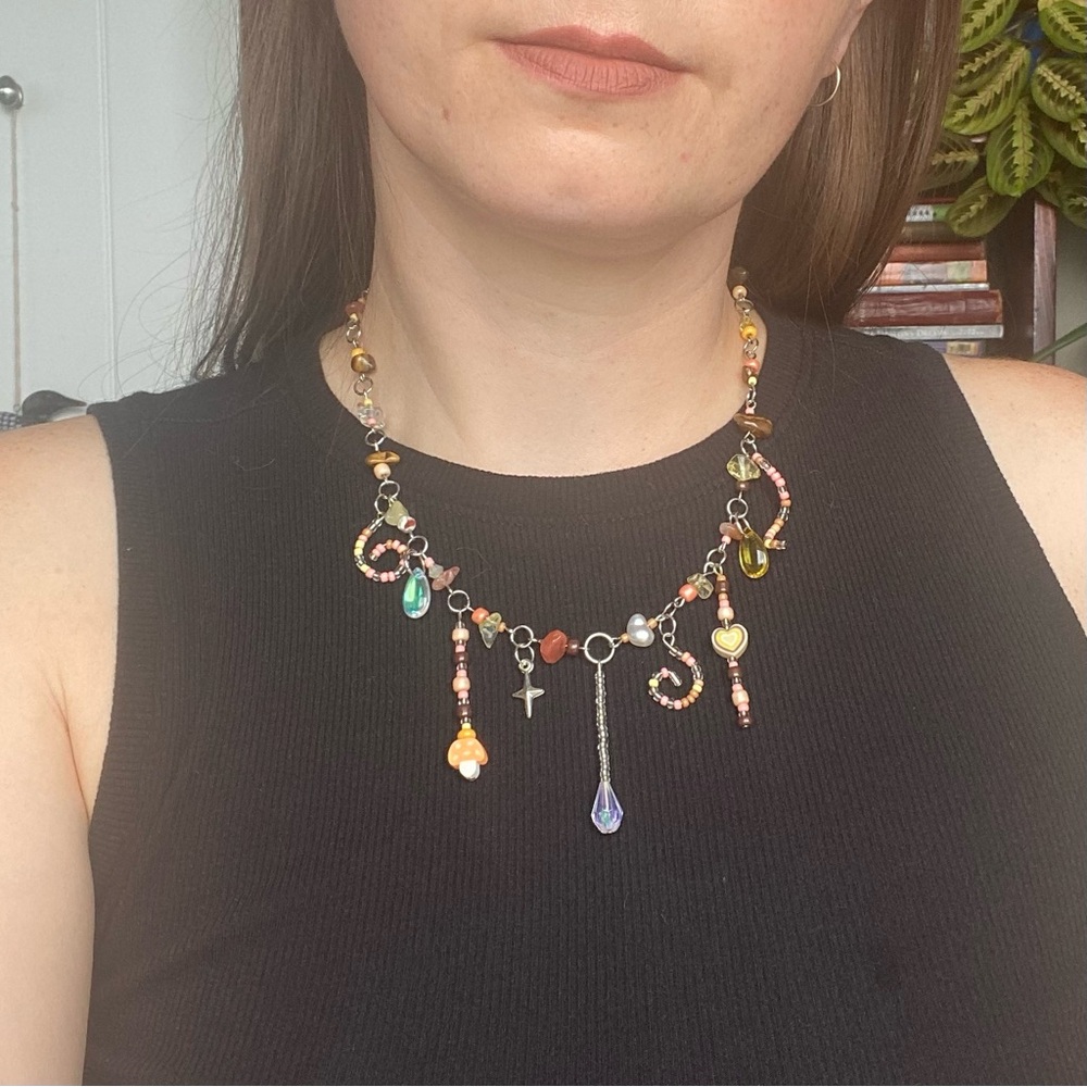 Pacific Northwest Autumn Fairy Brown Orange Fall Tones Beaded Chain Necklace - Picture 8 of 8